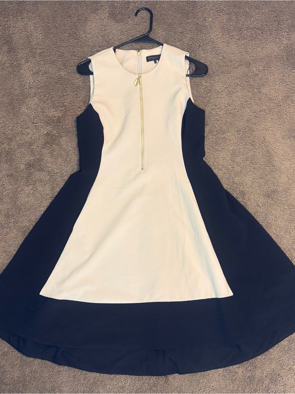 Donna Karan Colorblock Front Zip Fit & Flare Midi Dress Navy Cream Small
